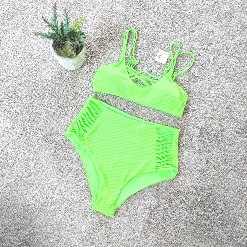 NWT Neon Green TiniBikini Criss Cross Detail Bikini Small Set